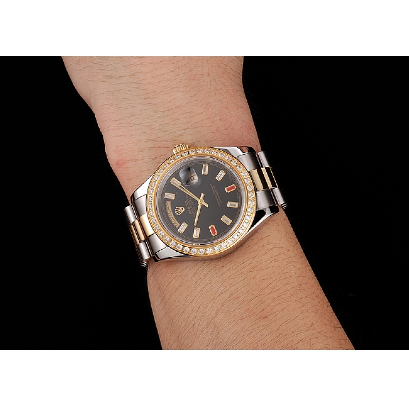 Aaa replica watch Rubies Tone Rolex Two Black Swiss And Dial Diamonds Day-Date Bracelet 1454105 0716
